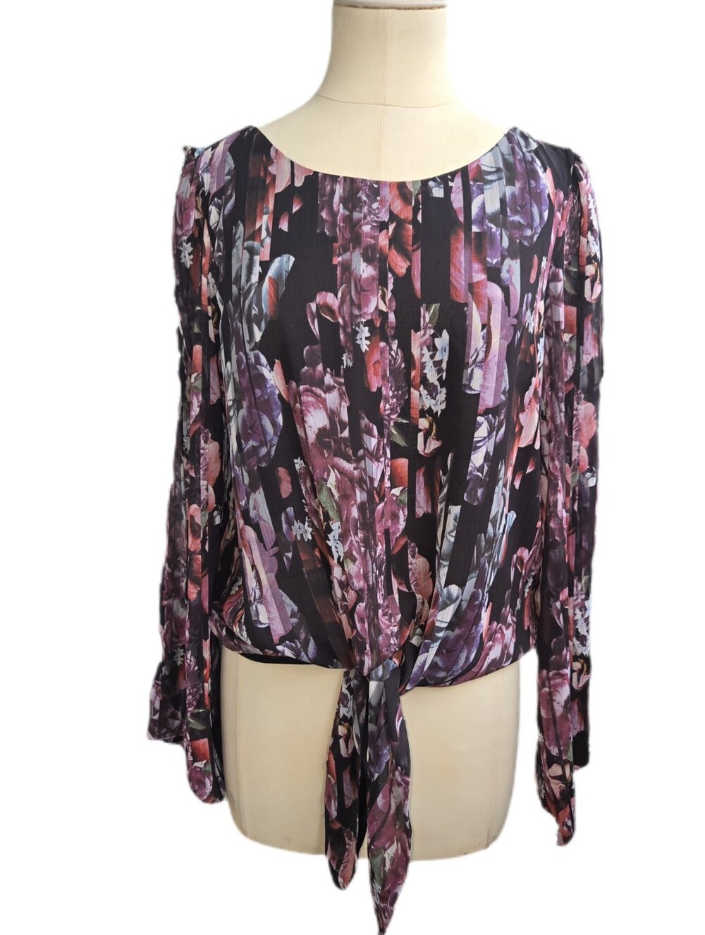 Bebe Tie Front Slit Sleeve Floral Print Blouse